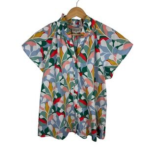 Aura Button Up Blouse Sz Small Colorful Leaf Print Short Sleeve Beachy‎ Tropical